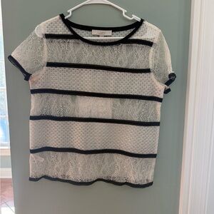 LOFT Black and White Striped Lace Blouse